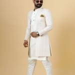 Alluring Thread Embroidered Off-White Open Sherwani for Men - Father Son Combo | Jaipurio